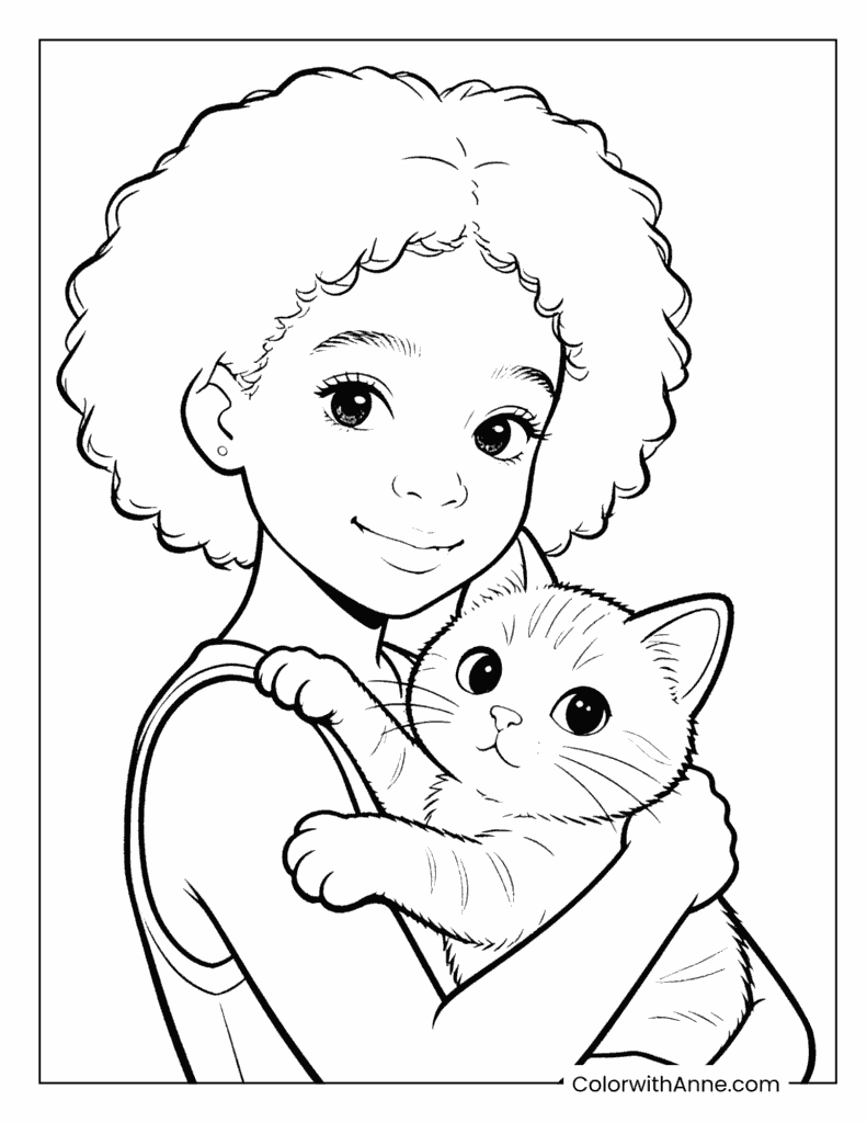 Black Girl Hugging a Kitten Coloring Page