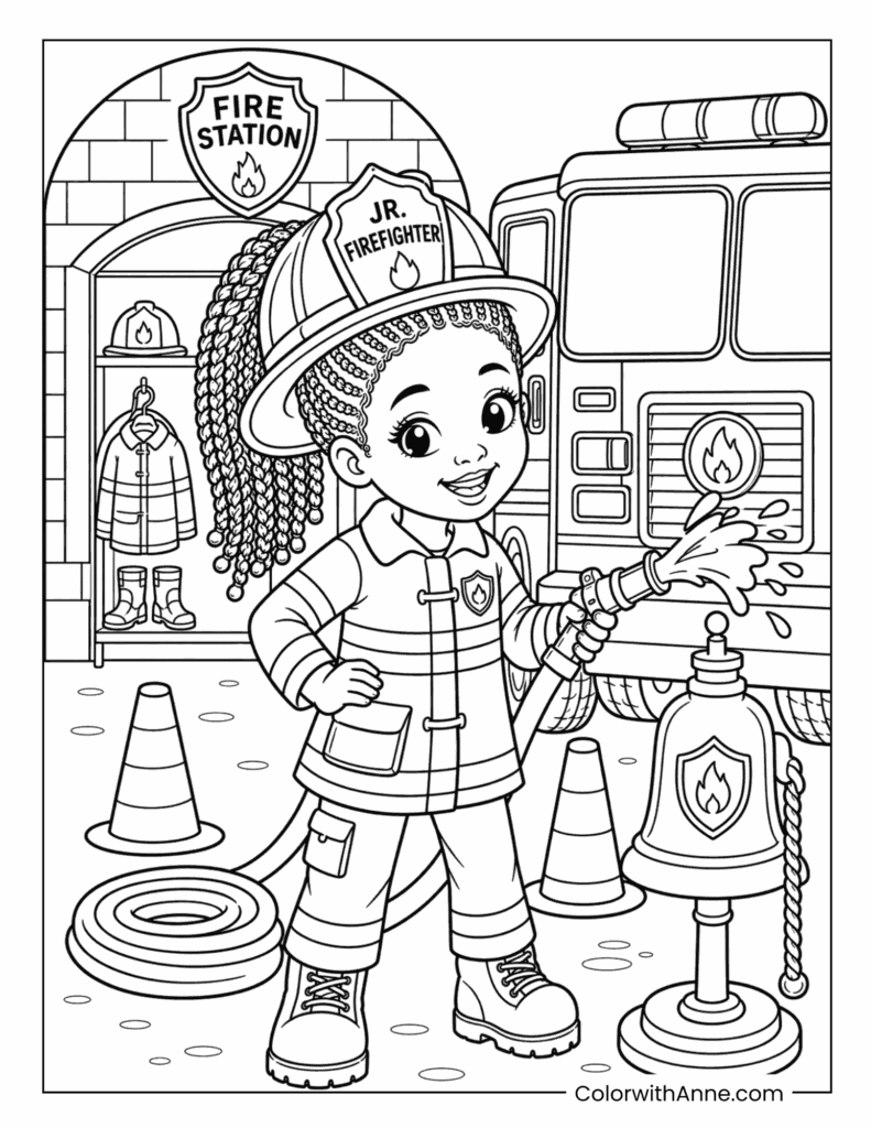 Black Girl Junior Firefighter Holding a Water Hose Coloring Page