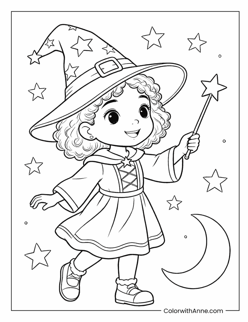 Black Girl Magician with a Star Wand Coloring Page