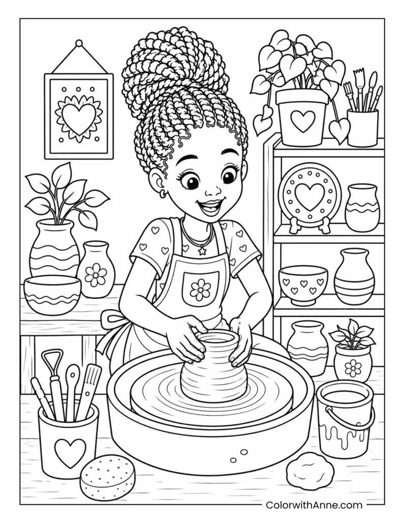 Black Girl Making Pottery on a Wheel Coloring Page