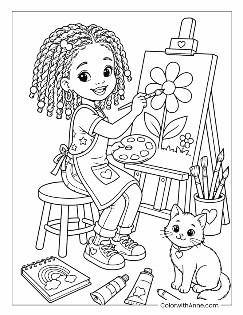 Black Girl Painting a Flower on an Easel Coloring Page