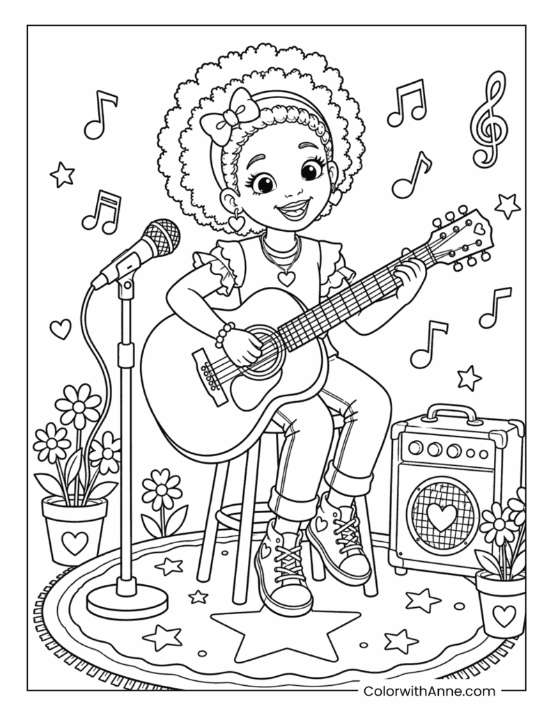 Black Girl Playing Guitar and Singing Coloring Page