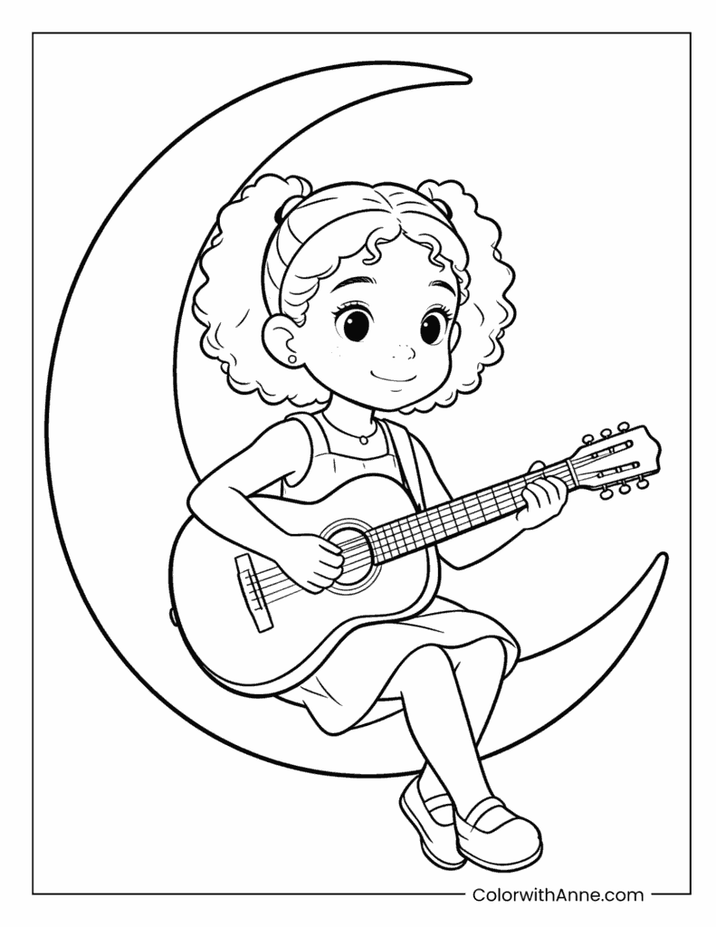 Black Girl Playing Guitar on a Crescent Moon Coloring Page