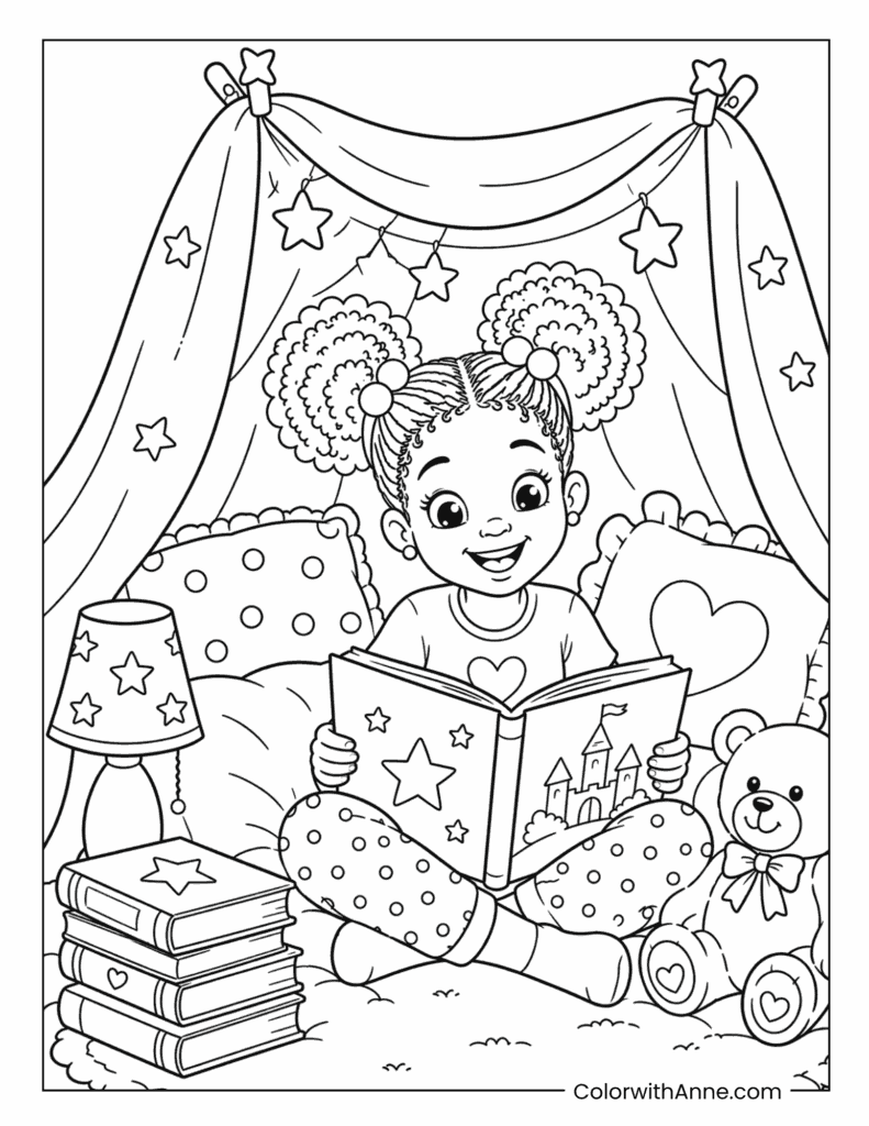 Black Girl Reading a Storybook in a Cozy Fort Coloring Page