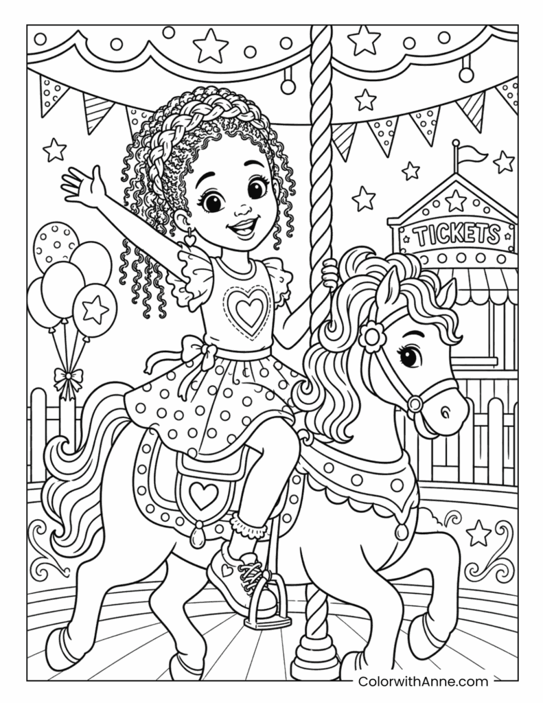 Black Girl Riding a Carousel Horse at the Carnival Coloring Page