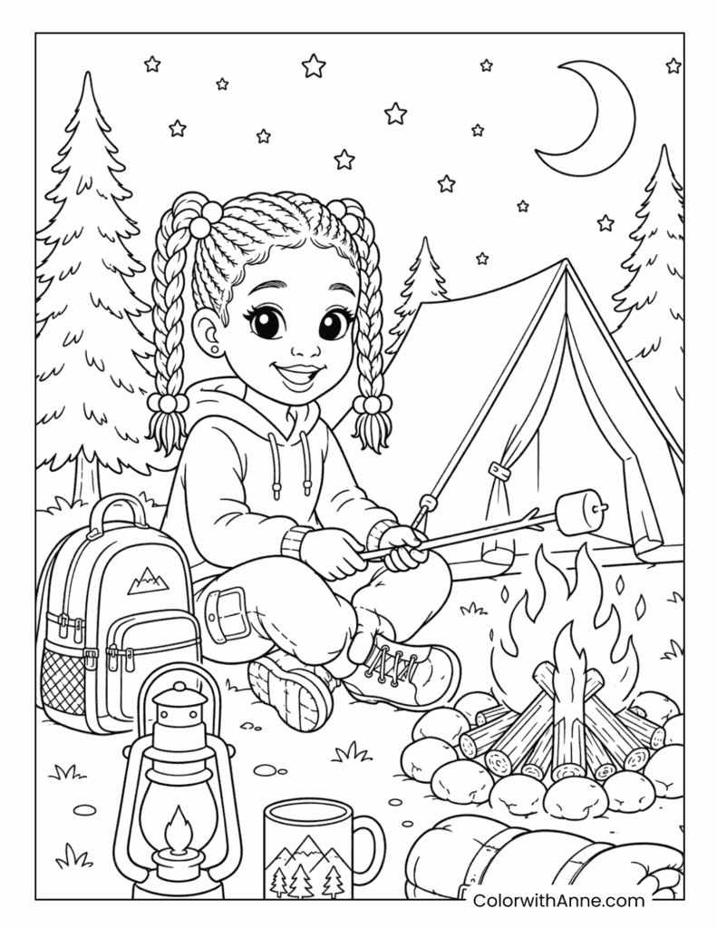 Black Girl Roasting a Marshmallow at a Campsite Coloring Page
