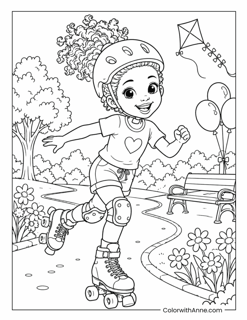 Black Girl Roller Skating in the Park Coloring Page
