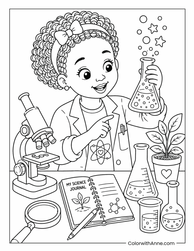 Black Girl Scientist Doing a Chemistry Experiment Coloring Page