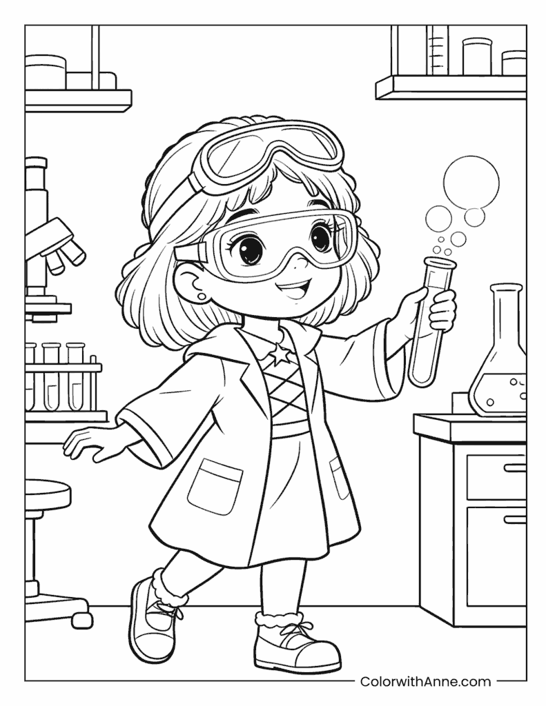 Black Girl Scientist with Bubbling Test Tube Coloring Page