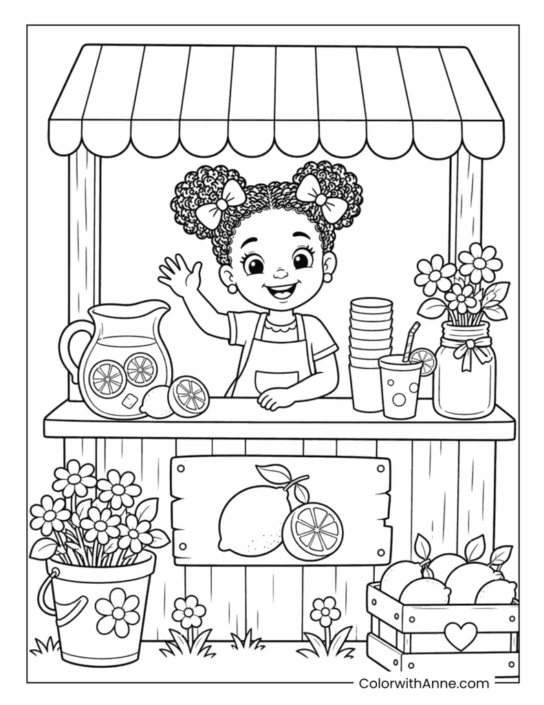 Black Girl Selling Lemonade at a Lemonade Stand Coloring Page