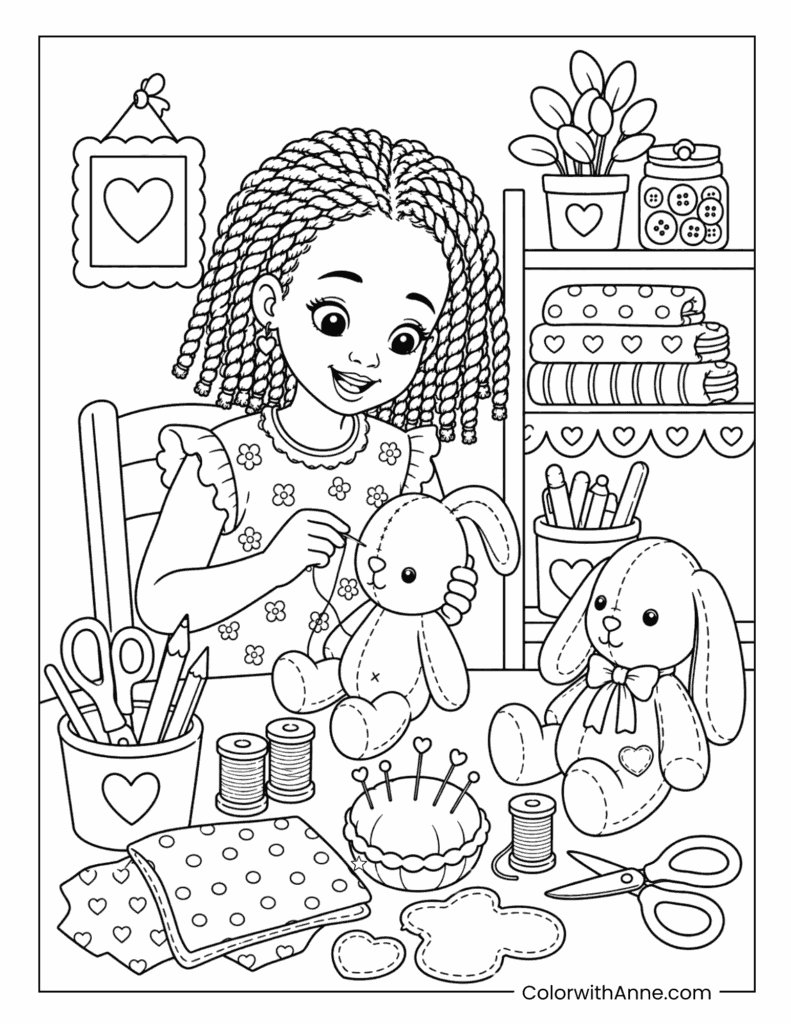 Black Girl Sewing Stuffed Bunny Toys Coloring Page