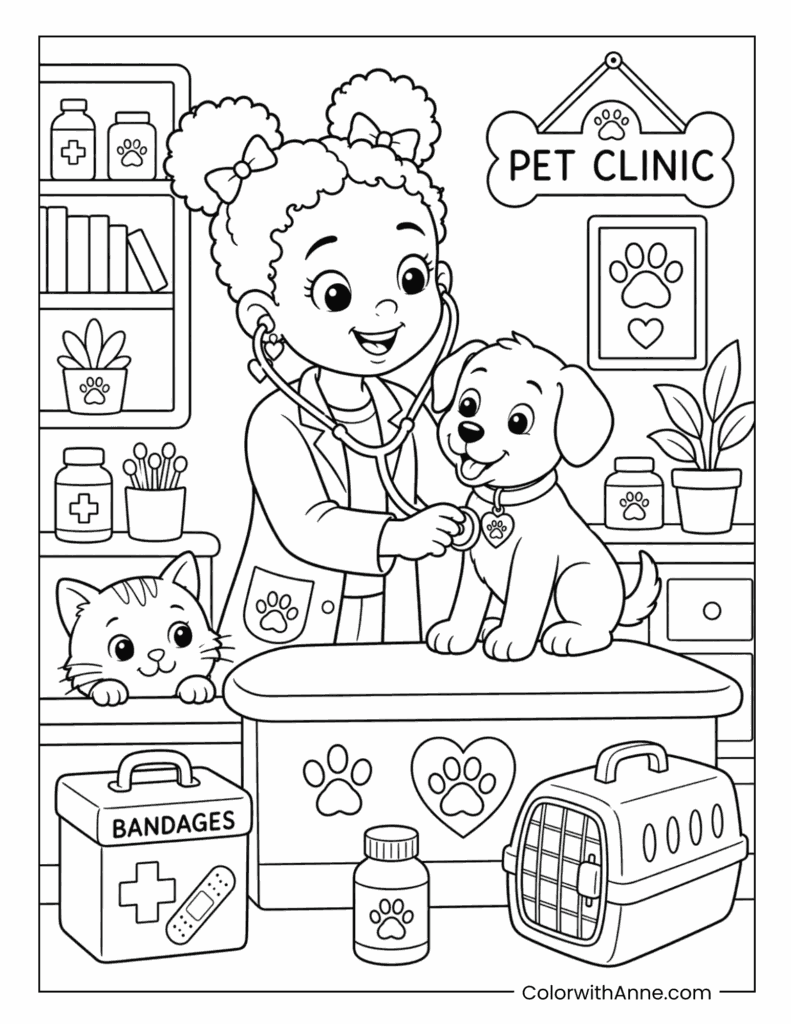 Black Girl Veterinarian Caring for a Puppy Coloring Page