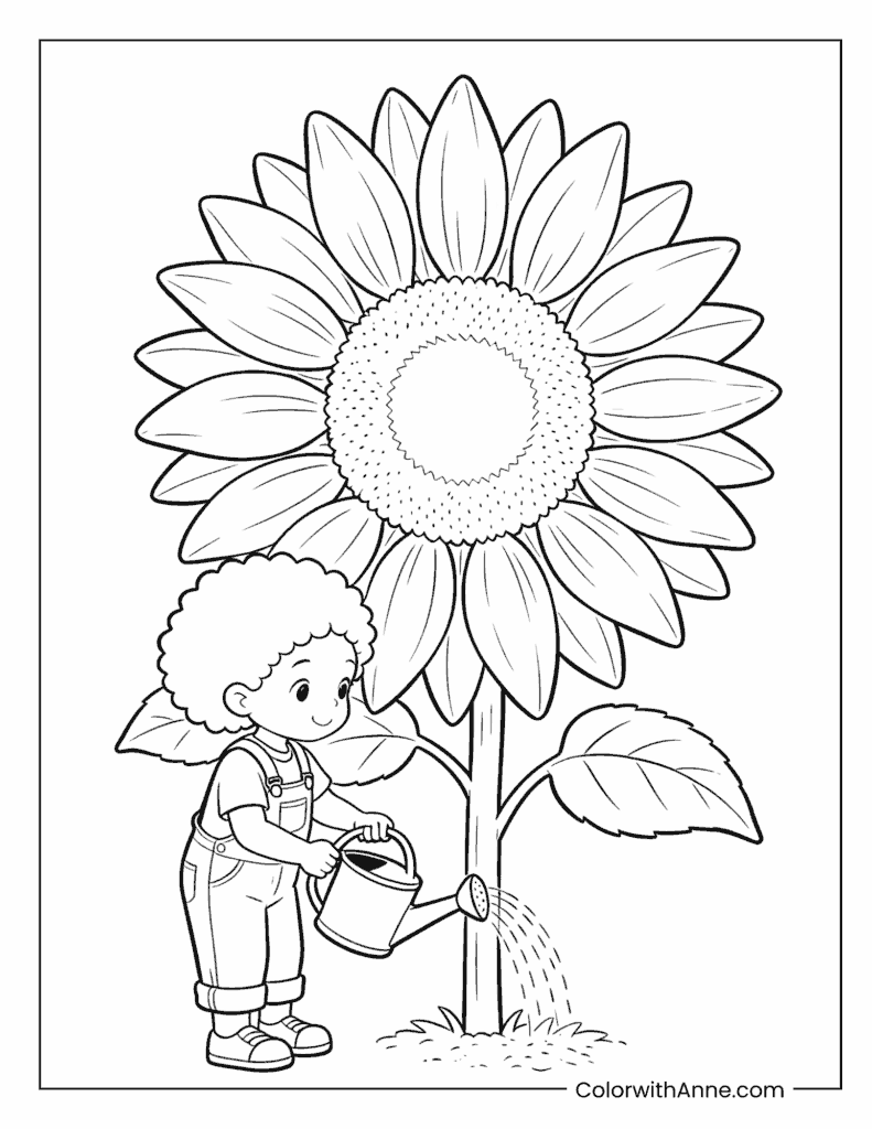 Black Girl Watering a Giant Sunflower Coloring Page