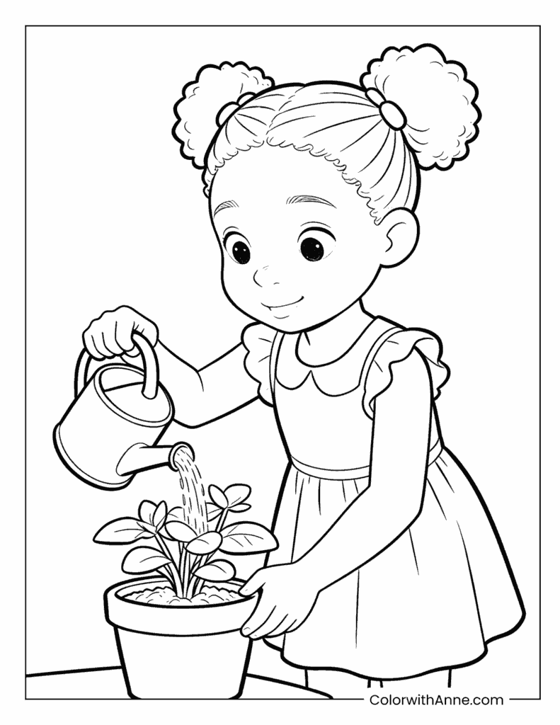 Black Girl Watering a Potted Plant Coloring Page