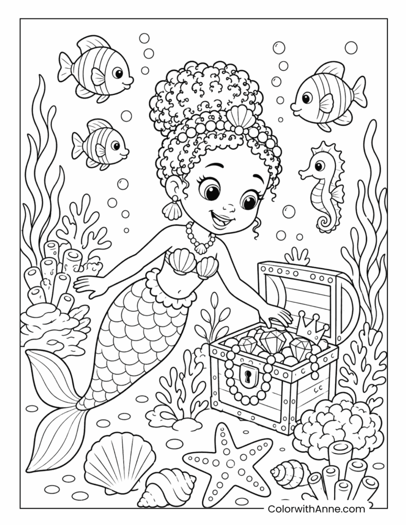 Black Mermaid Discovering an Underwater Treasure Chest Coloring Page