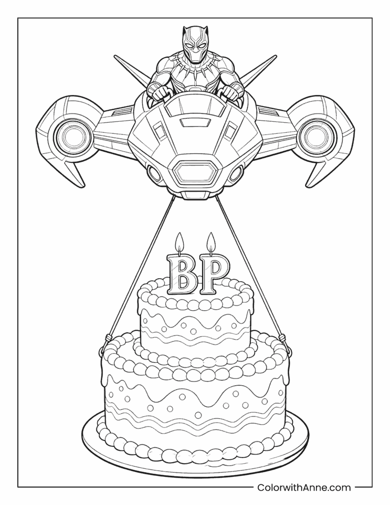 Black Panther Flying a Ship with a Birthday Cake Coloring Page