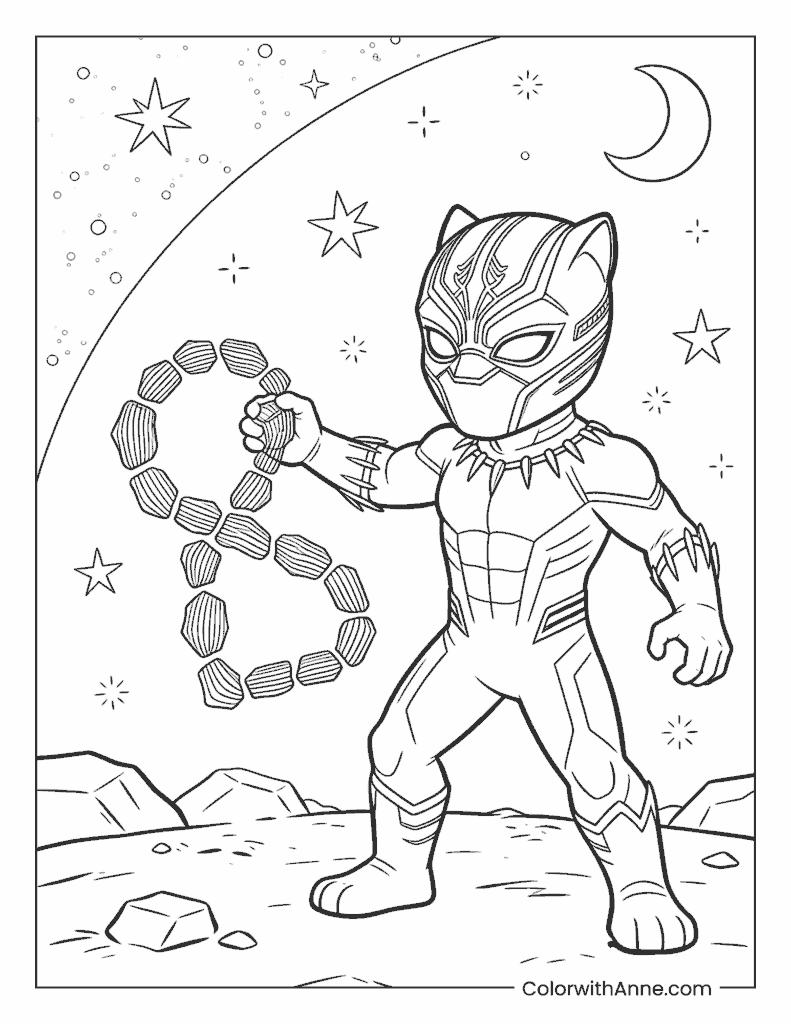 Black Panther Holding a Chain Under the Stars Coloring Page