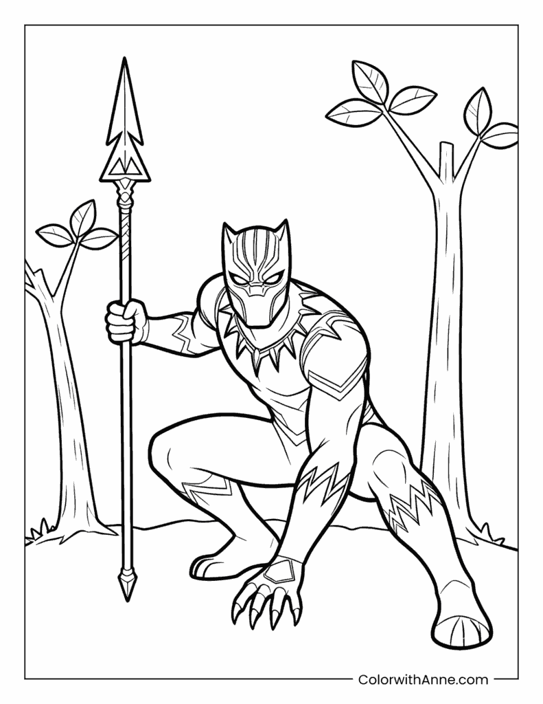 Black Panther Holding a Spear Near Trees Coloring Page