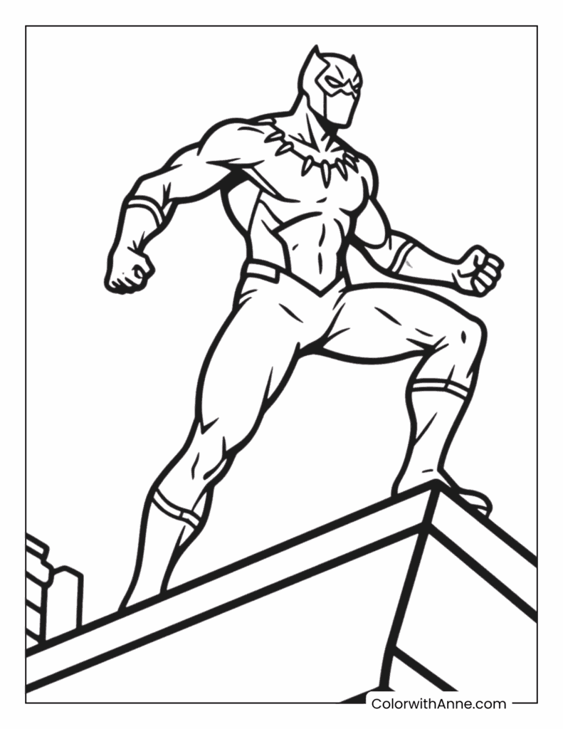 Black Panther Standing on a Wakandan Rooftop Coloring Page