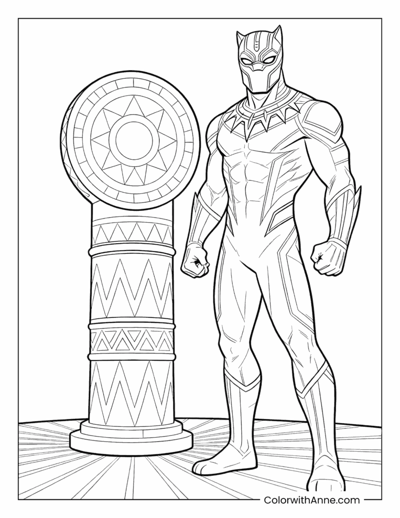 Black Panther Standing with a Decorative Pillar Coloring Page
