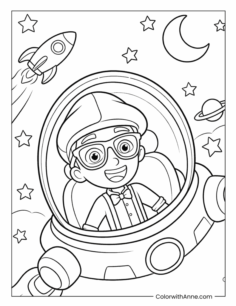 Blippi Exploring Space in a Spaceship Coloring Page