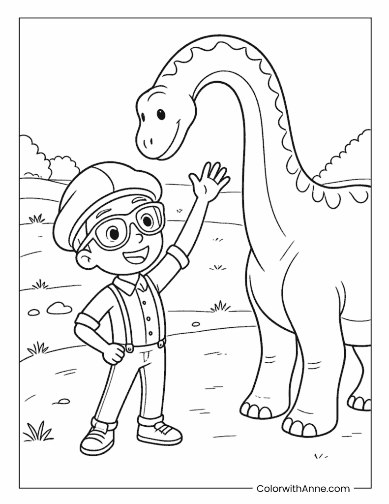 Blippi Meeting a Dinosaur Coloring Page