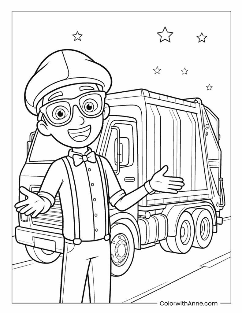 Blippi Standing Beside a Garbage Truck Coloring Page