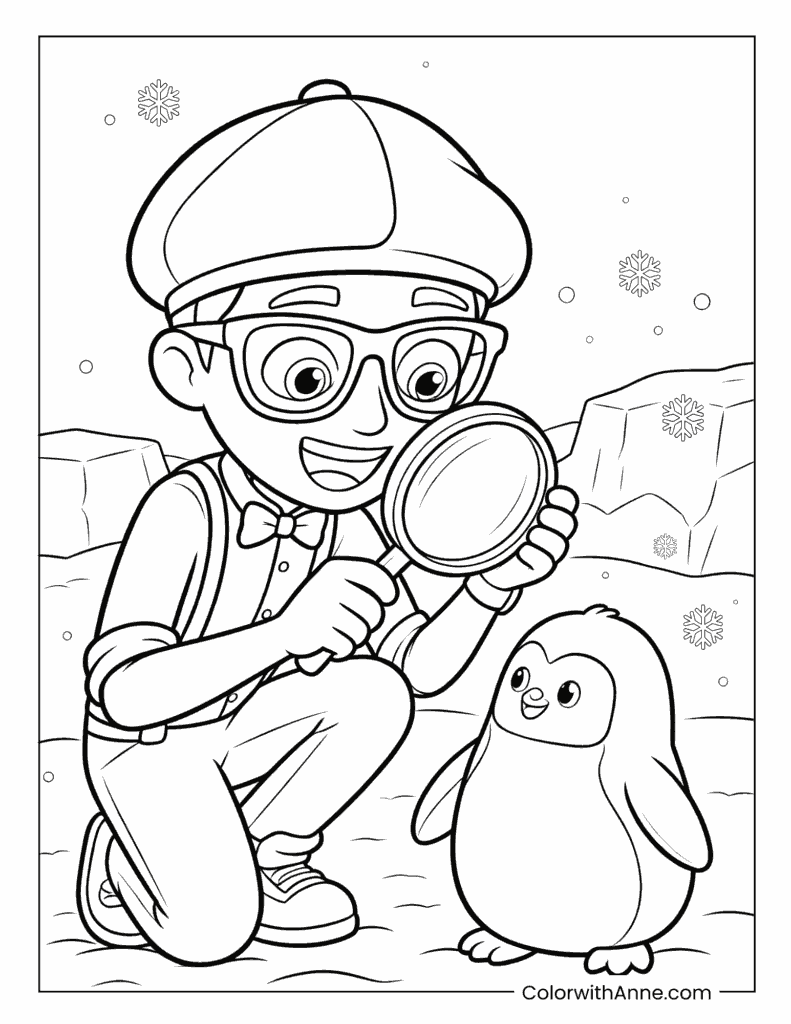 Blippi Studying a Penguin with a Magnifying Glass Coloring Page
