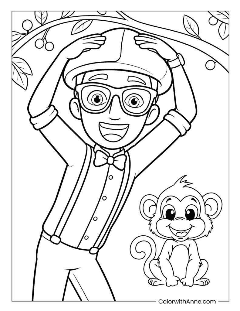 Blippi Swinging from a Tree with a Monkey Coloring Page