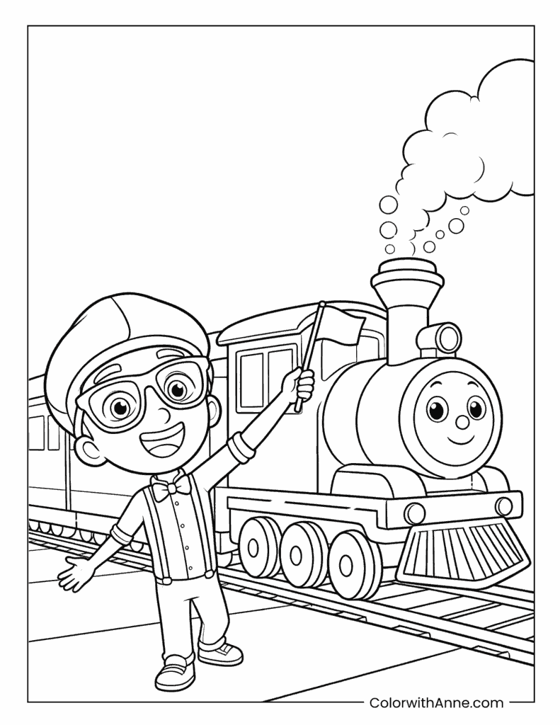 Blippi Visiting a Steam Train Coloring Page