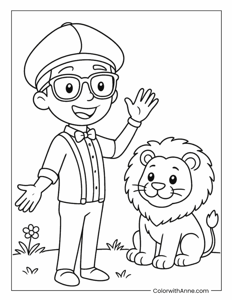 Blippi with a Lion Coloring Page