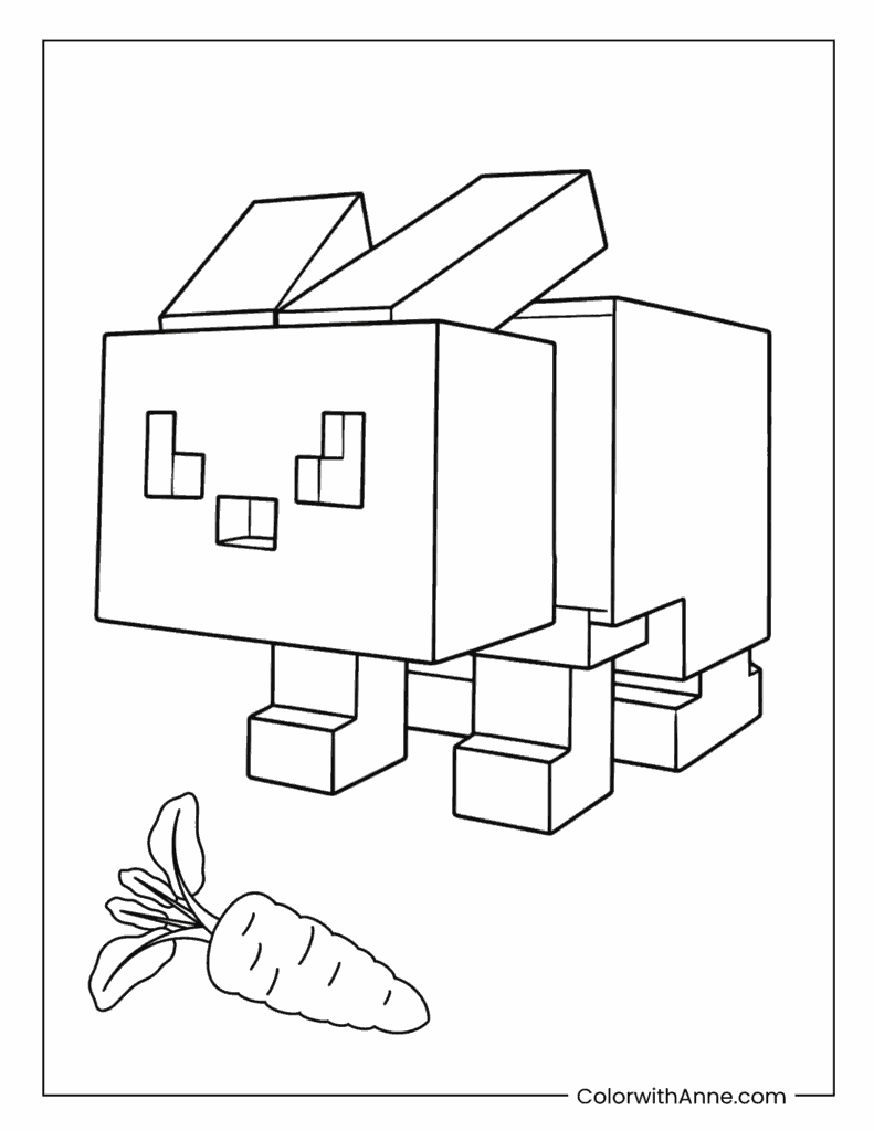 Blocky Forest Bunny Creature With Carrot Coloring Page