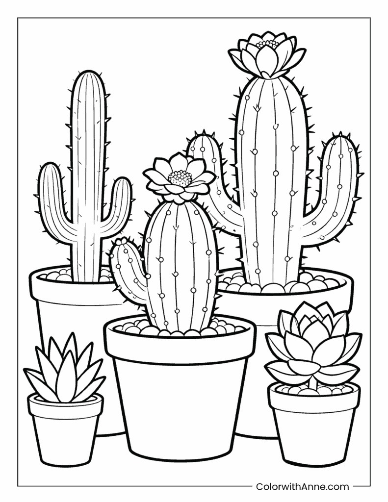 Blooming Cactus & Succulents Coloring Page