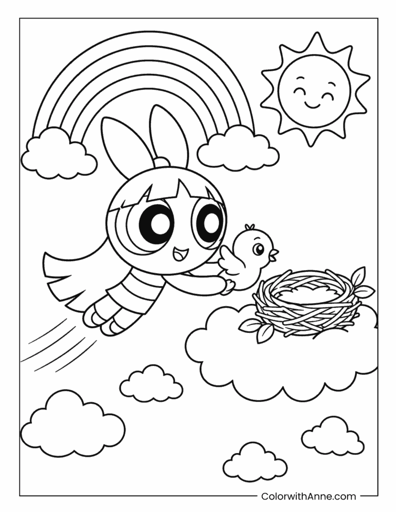 Blossom Helping a Baby Bird Return to Its Nest Coloring Page