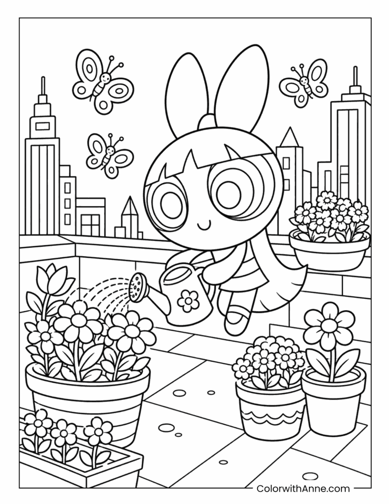 Blossom Watering Flowers in a Rooftop Garden Coloring Page