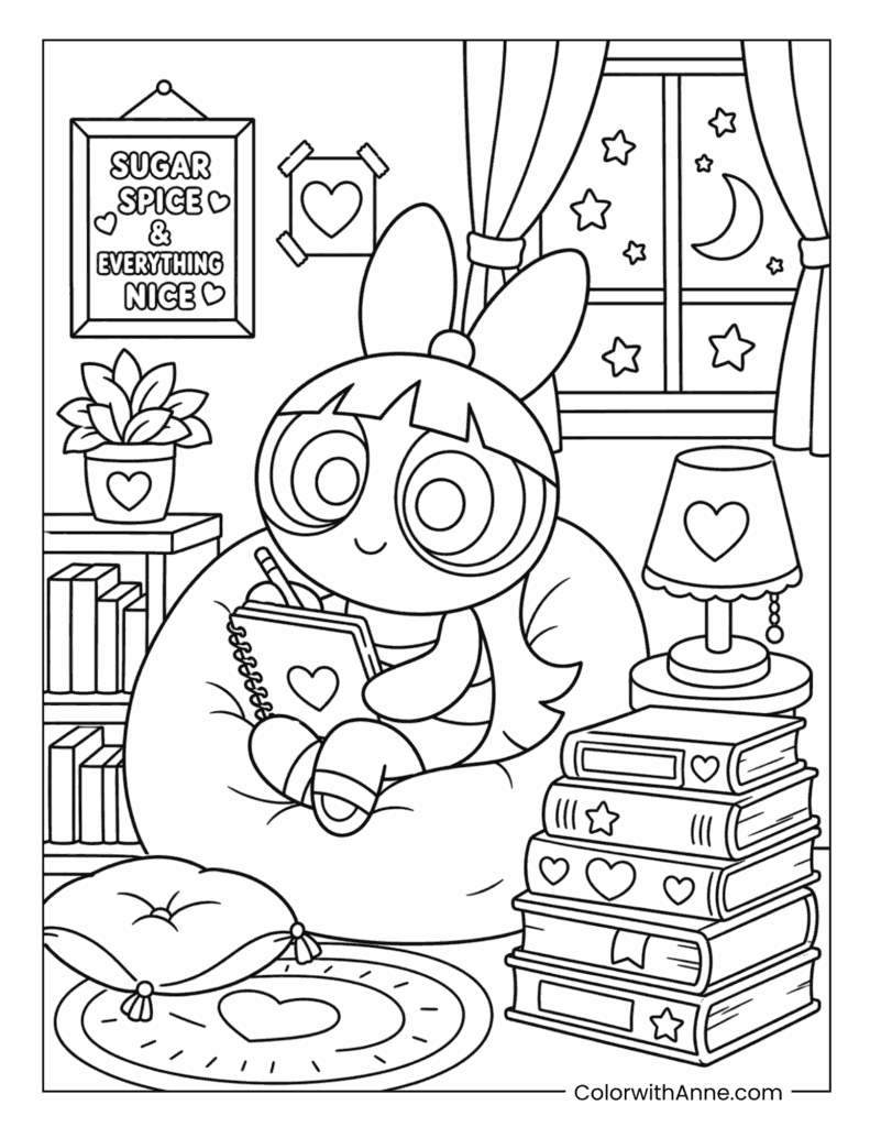 Blossom Writing in Her Notebook in a Cozy Reading Corner Coloring Page