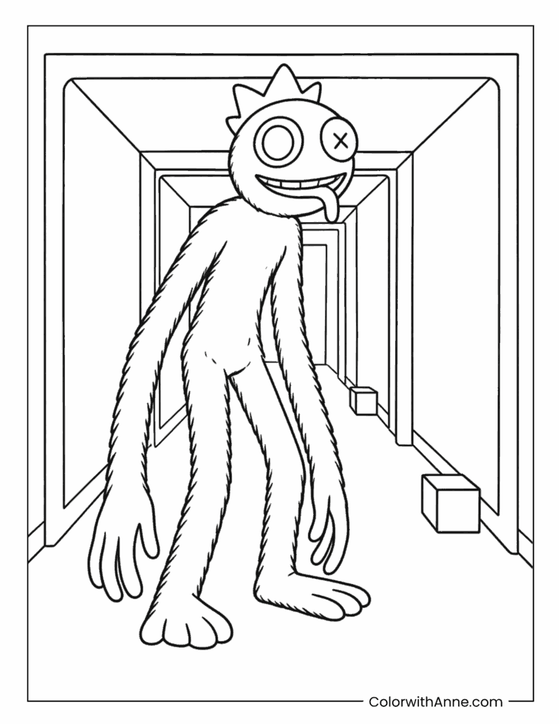 Blue Walking Through a Corridor Coloring Page
