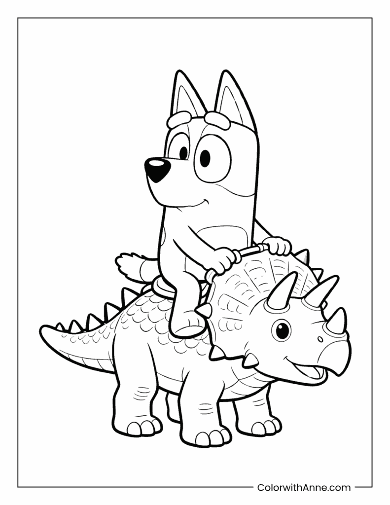 Bluey Riding a Triceratops Coloring Page