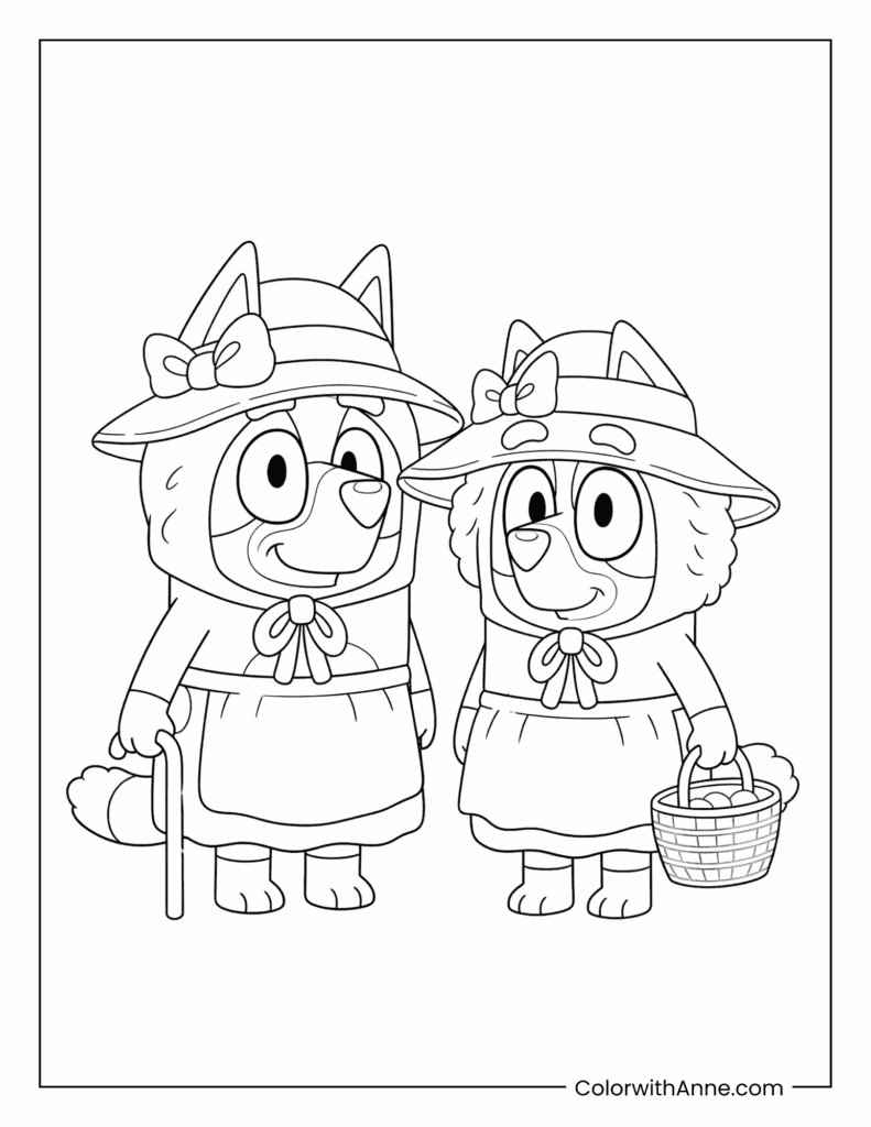 Bluey and Bingo Dressed Up in Grannies Costumes Coloring Page