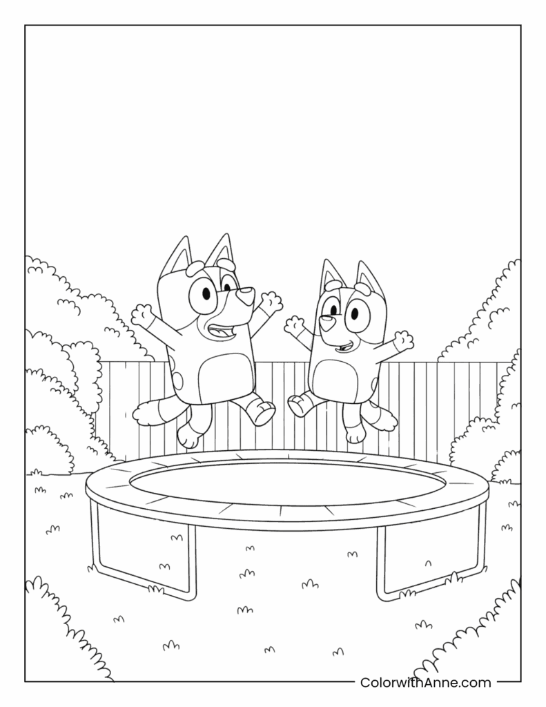 Bluey and Bingo Jumping on the Trampoline Coloring Page