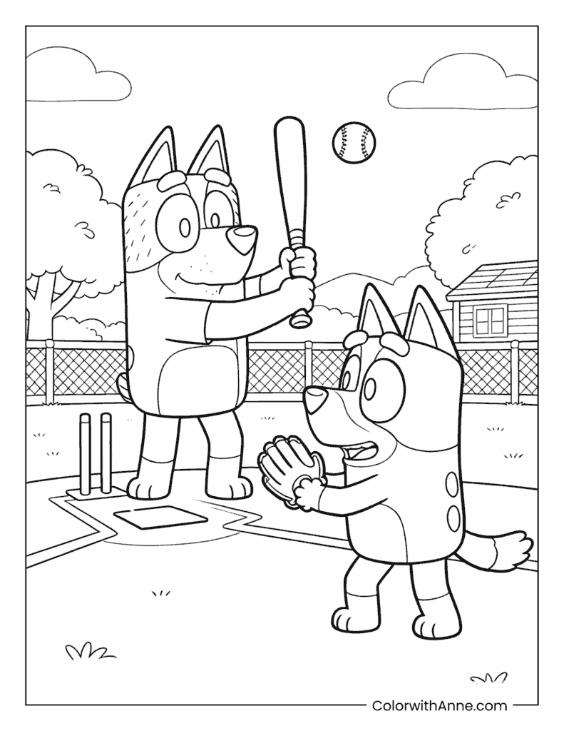 Bluey and Dad Playing Baseball Coloring Page