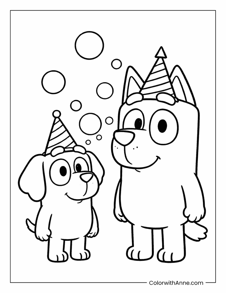 Bluey and Lila with Party Hats Coloring Page