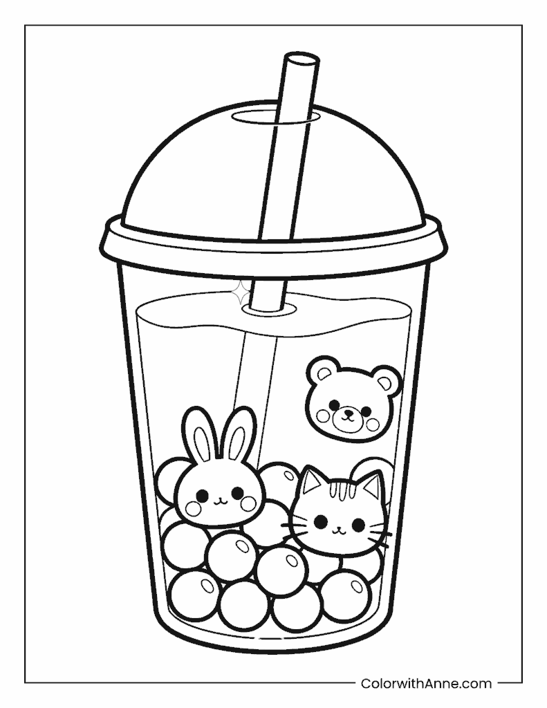 Boba Cup with Animal Faces Coloring Page