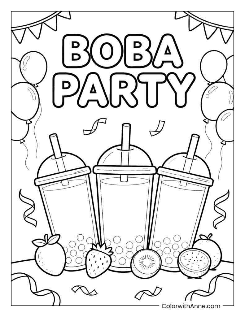 Boba Party with Balloons and Fruits Coloring Page