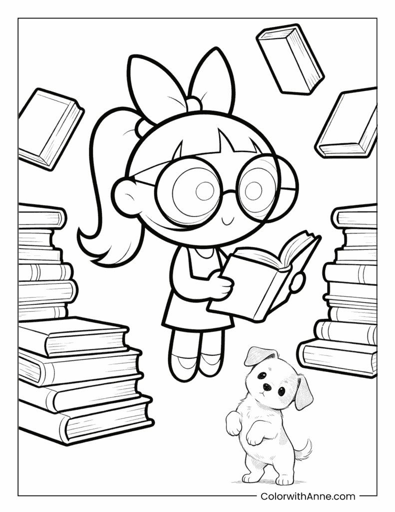 Bookworm Blossom with Her Dog Coloring Page