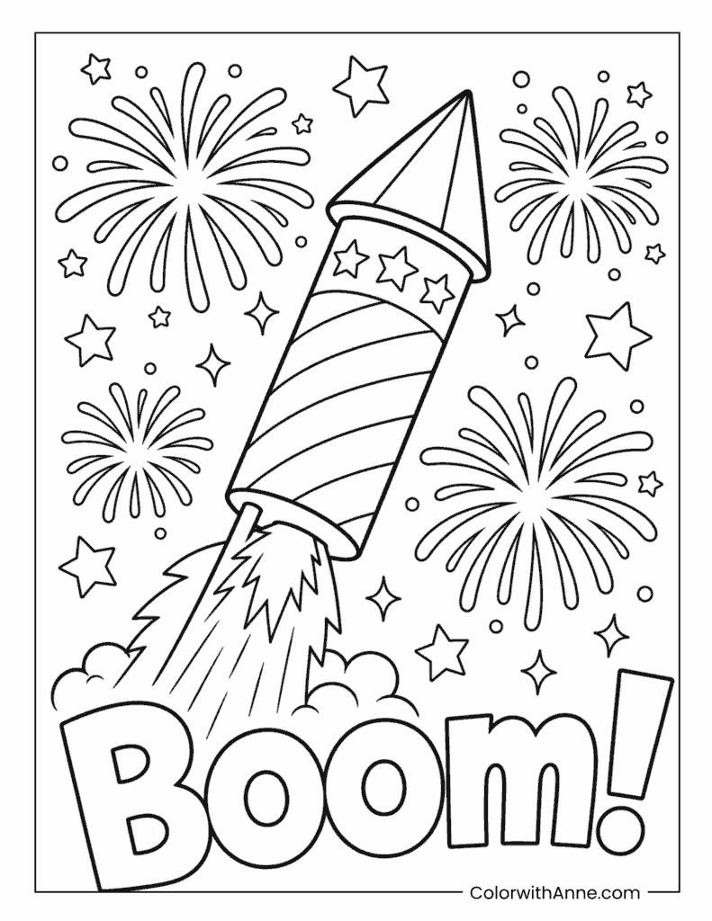 Boom! Fireworks Rocket 4th of July Coloring Page