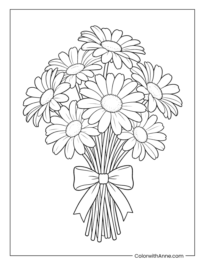 Bouquet of Daisies with a Bow Coloring Page