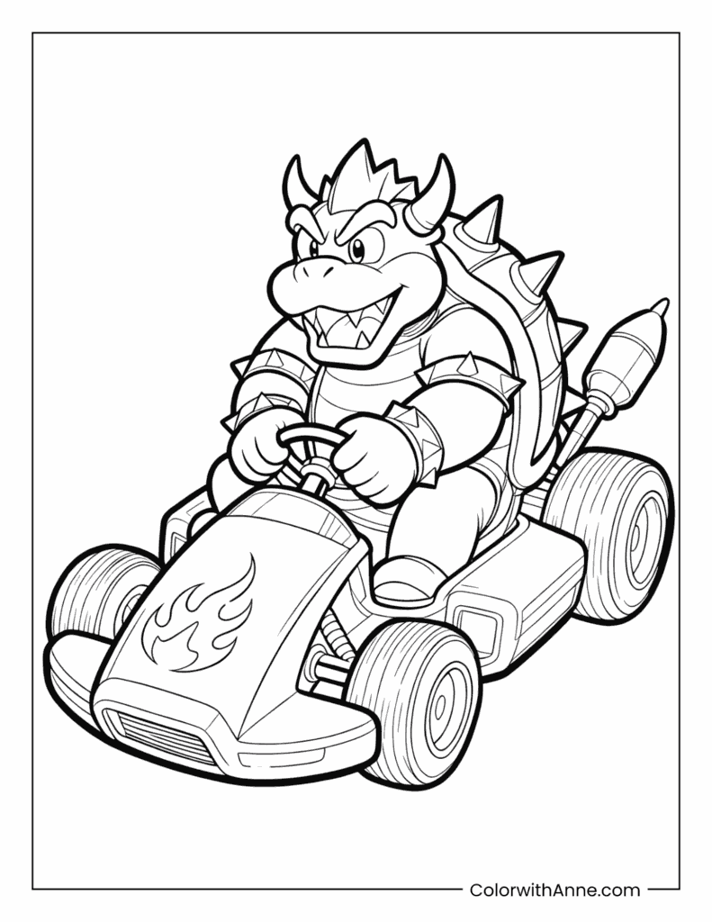 Bowser Driving a Kart Coloring Page