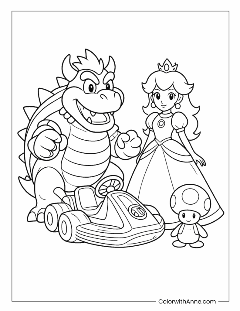 Bowser, Princess Peach and Toad in a Kart Game Coloring Page