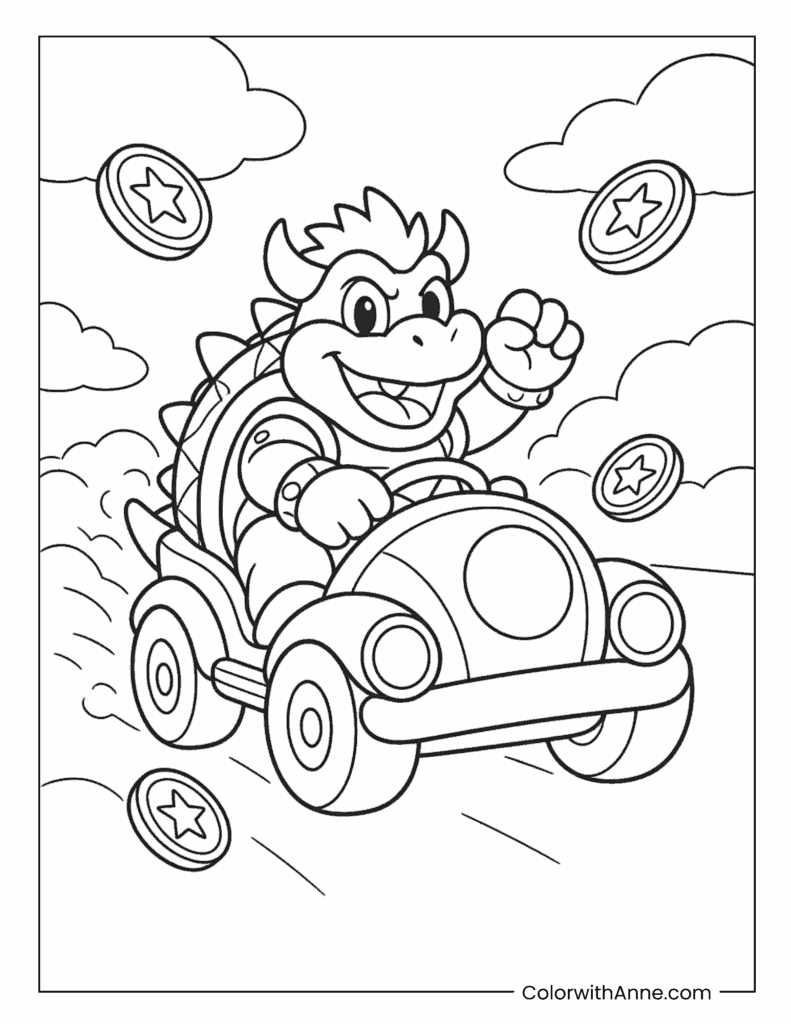 Bowser Racing in a Go-Kart Coloring Page